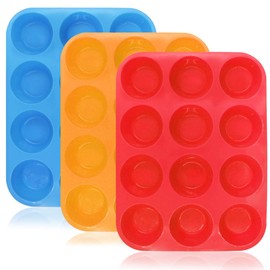 YuCool 12-Cup Muffin de Silicona y Cupcake Baking Pan, 3 Pack Moldes de Silicona para Muffin Tins, Tortas, BPA Free Non-Stick Microondas Safe (Naranja, Rojo, Azul)
