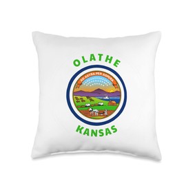 Olathe KS Kansas Flag Family Vacation Shop Olathe Kansas KS Flag Badge Roundlet Souvenir Throw Pillow, 16x16, Multicolor