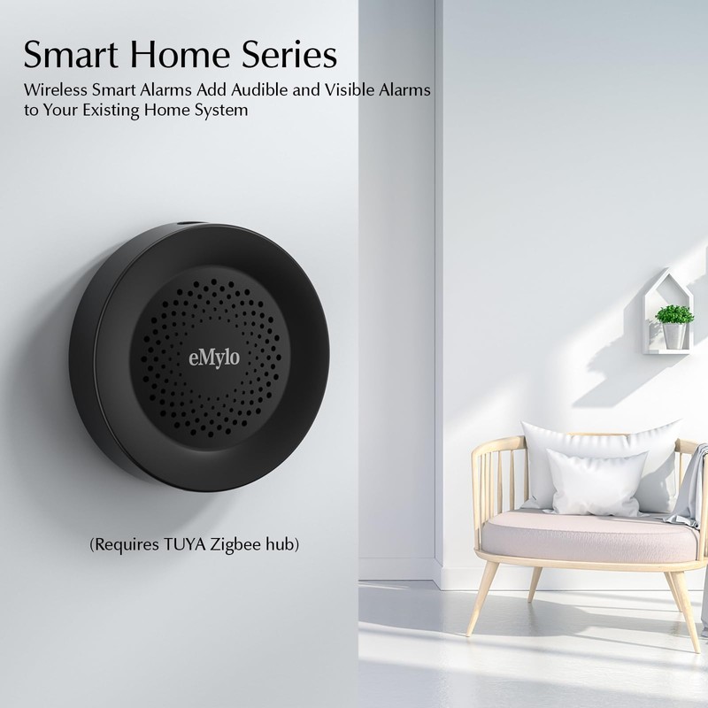 eMylo Zigbee Alarm, Black Alarm, TUYA/SmartLife APP Control, Sound and