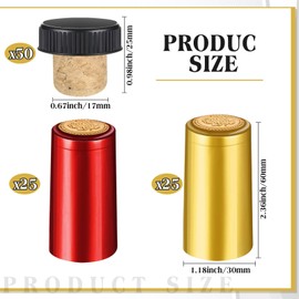 100 Pcs Wine Bottle Cork Stopper Plastic Top Kits, 50 T Shape PVC Heat Shrink Capsules, 50 Wine Corks Tops Sealer Tasting Bottle Shrink Wrap Caps for Cruise Ship Wedding Christmas Party(Gold, Red)