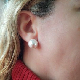 Minoplata Half Pearl Earrings 16mm Omega Clasp 925 Sterling Silver 16mm Created Pearl, Sterling Silver, Created Pearl