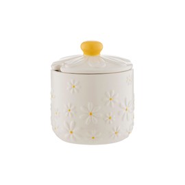 Price & Kensington Daisy Sugar Bowl | Ceramic Sugar Bowl with Embossed Daisy 3D Lid | Hand-Painted Yellow Handle | Cream Glaze | Kitchen Storage Bowl