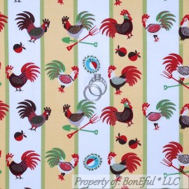In The Beginning Fabrics BonEful Fabric FQ Cotton Quilt Yellow Red Green Rooster Chicken Kitchen L Stripe