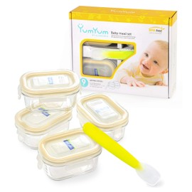 GLASSLOCK 9pcs Set Yum Yum Eco Friendly Airtight Spill Proof Baby Meal Food Storage Container with Silicon Spoon 150ml, Safely Freeze Your Homemade Baby Food, Baby Shower Registry Gift Set