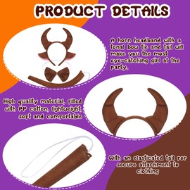 Luinabio 3 Pieces Horn Costume Accessories Include OX Bull Horn Shape Party Brown Plush Headpiece Ears Headband Tail & Bow TieHalloween Birthday Cosplay Easter world book day Dress Up,17 x 20 CM