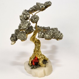 4.4" 160g Pyrite Stone Tree on White Onyx Base Stunning Collectible Mineral Figurine Natural Pyrite Clusters Leaves Handcrafted Decorative Crystal Statuette - Peru