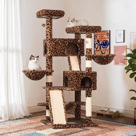 SHA CERLIN 65in Larger Cat Tree Tower Condo for Indoor Kitties/Multi-Level Furniture Activity Center with Wide Base/Cozy Plush Cat Perches/Baskets/Sisal Scratching Posts and Hammock/Leopard Print