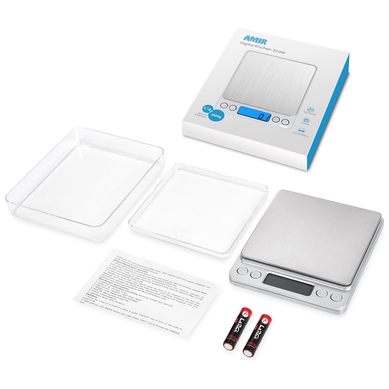 AMIR Báscula Digital para Cocina de Acero Inoxidable, 3kg, 0.1g