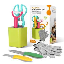 Aieve Kids Safe Knife Set for Real Cooking, Kitchen Tools for Toddler with Gloves Scissors Storage Bucket and Kids Fruit Vegetable Knives