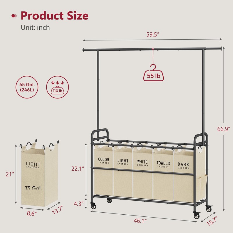 Tajsoon Laundry Sorter with Hanging Bar, 5 Bag Laundry Sorter