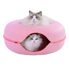 Large Cat Tunnel Bed for Indoor Cats with 3 Toys, Scratch Resistant Donut Cat Bed, Up to 30 Lbs (L 24x24x11, Pink)