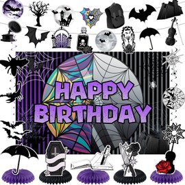 Wednesday Themed Birthday Party Decorations for Horror Movie Banner Backdrop Honeycomb Centerpiece Hanging Swirl for Midweek Horror Party Supplies Decor