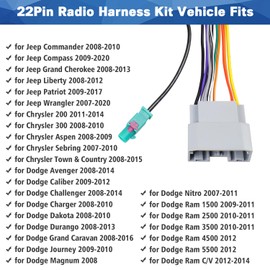 Fiegromech Radio Wire Harness Antenna Kit for Dodge Ram Caravan Journey,Car Stereo Wiring Harness Adapter for Jeep Wrangler Compass Liberty Grand Cherokee Chrysler 22Pin Radio Connector