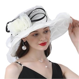 Elegant Women's Organza Sun Hat Wide Brim Flower Decorated Travel Beach Hat for Wedding Cocktail Ladies White