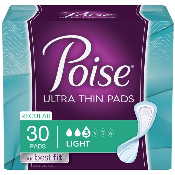 Poise Thin-Shape Incontinence Pads for Women, Light Absorbency, Regular, 30 Count
