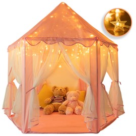 Rettebovon Princess Castle Tents Kids' Fairy Play Tents Girls Toys Hexagon Playhouse with Star Lights Toys for Children Indoor or Outdoor Game Girls Gift
