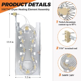 Beaquicy 3387747 Heating Element Assembly with 279816 Thermostat Kit with 279973 3392519 Thermal Fuse - Replacement for Ken-more Whirl-pool Dryer
