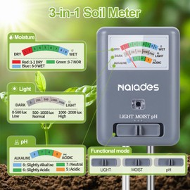 3-in-1 Soil Moisture Meter Light and PH Tester for Indoor & Outdoor House Plants, Garden, Lawn, Farm (No Battery Needed) (Grey)