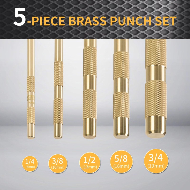 5-Piece Brass Punch Set, Removing Repair Tool, 1/4", 3/8", 1/2",
