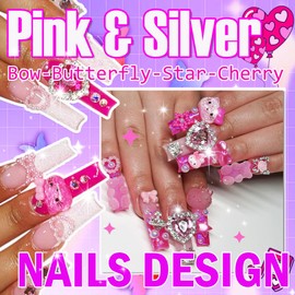 AQNJC 68 PCS Y2K Nail Charms Pink Heart Bow Heart Pearl Butterfly Cherry Star Charms for Design Nail Jewels for Nails Art Accessories