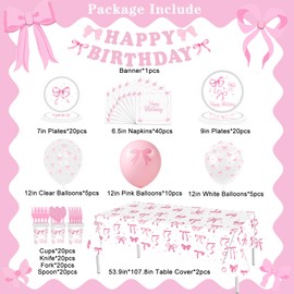 Pink Bow Birthday Party Set 183pcs Coquette Birthday Decorations Includes Bow Plates Napkins Cups knife fork spoon Banner Tablecloth Balloons, Bow Theme Tableware for Girls Bachelorette Party Decor