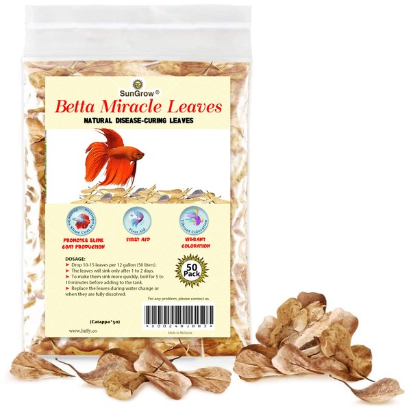 SunGrow 50 pcs Catappa Indian Almond Leaves for Betta Fish Tank Aquarium, 2” Water Conditioner Leaves, Leaf Also Suitable for Shrimp, Goldfish, Guppy and Frogs
