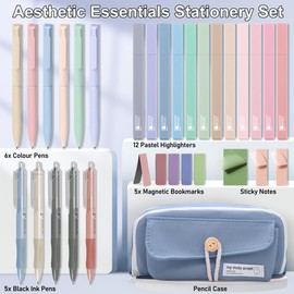 COZCLAM 32pcs School Supplies Aesthetic with Blue Pencil Case, 12 Pastel Highlighters, 6 Colour Pencils, 5 Black Pens, 5 Magnetic Bookmarks and 3 Sticky Notes, Aesthetic School Clean Girl School