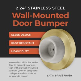 Stainless Steel & Rubber Wall-Mounted Door Stopper by NYCO Architectural Hardware- Heavy Duty Round Door Bumper for Wall & Door Protection- Modern Universal Door Slam Stopper (Satin Brass Grey Rubber)