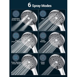 YEAUPE Shower Head, Hand Shower with 6 Jet Types, High Pressure Shower Head with Water Saving Shower Head for Bathing, Shower Head with Anti-Limescale Function, Chrome