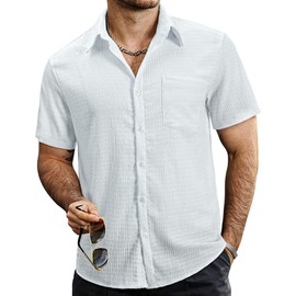 VATPAVE Mens Summer Striped Shirts Button Down Short Sleeve Vintage Beach Hawaiian Shirts with Pocket Large Pure White Fashion