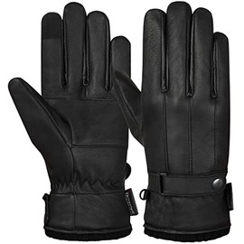 Hand Fellow Winter Leather Gloves for Men – Touchscreen-Enabled, Sheepskin Lining, Anti-Slip Grip, Weatherproof, Soft and Warm Black Gloves for Driving (button)