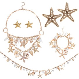 PH PandaHall 5pcs Mermaid Jewelry Set, Pearl Shell Bracelet Necklaces Waist Chain Earrings Hair Clips Hawaiian Summer Seashell Jewelry Accessories for Women Summer Surfer Mermaid Costume, Golden