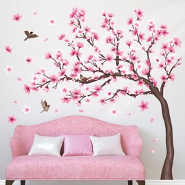 DECOWALL SG4-2431 Cherry Blossom Tree Wall Stickers Decals Kids Room Bedroom Living Flower Branch Décor Pink tv Birds Art Background Peel and Stick