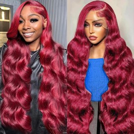 Suresen 34 Inch 99j Burgundy Lace Front Wigs Human Hair 13x4 HD Transparent Body Wave Lace Frontal Wigs 180% Density Human Hair Wig for Women Wine Red Lace Front Wig Human Hair Pre Plucked