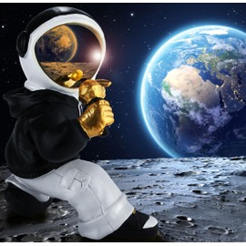BRUBAKER Decorative Astronaut Singer Figure with Gold Microphone and Black Hoodie - 17 cm Space Figure with Chrome-plated Helmet in Cool Pose - Hand-Painted Statue - Gold, Black and White
