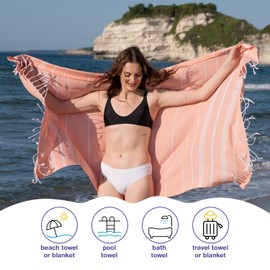 PADISHAHHOME Turkish Beach Towels, Pack of 6 | Oversized, Quick Dry, Sand Free | 100% Cotton, Large 38x71 Towels for Beach, Pool, Travel | Ultra-Soft, Compact, and Absorbent | Salmon