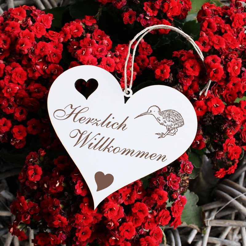 Herzlich Willkommen Sign, Kiwi, Decorative Heart Wooden Welcome Sign, Door