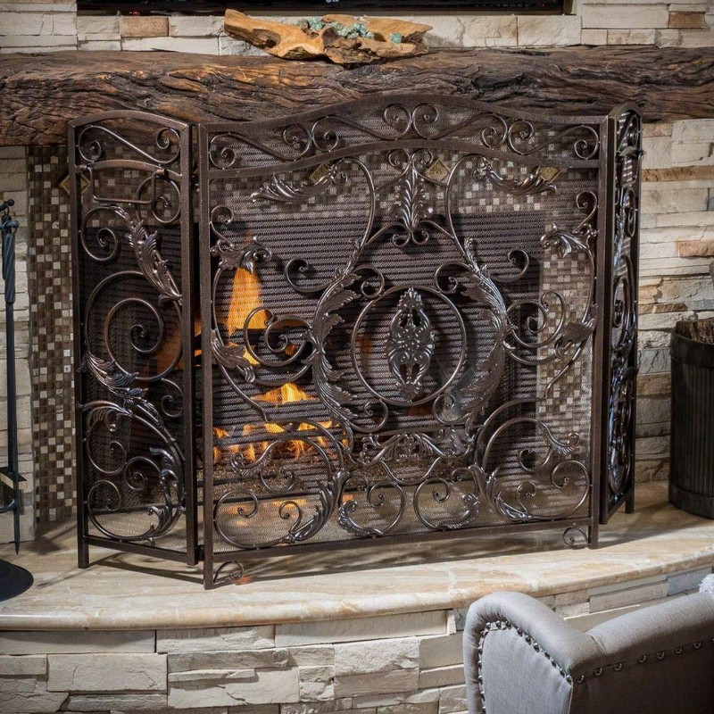 Christopher Knight Home Waterbury Fireplace Screen, Gold Flower On Black