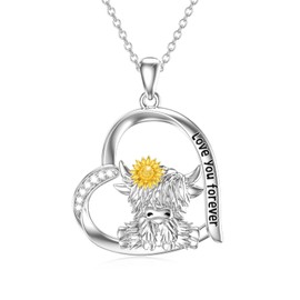 TOUPOP Highland Cow Necklace 925 Sterling Silver Heart Highland Cow Pendant Necklaces Cute Animal Jewellery Gifts for Women Her Daughter Cow Lovers Christmas Birthday Gifts