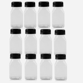 12 Pcs Plastic Juice Bottles,with Black Caps, 4 OZ (120ml) Reusable Water Bottles with Caps, Suitable for Juice, Smoothie,Party, Cafes, Milk and Homemade Beverage