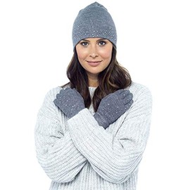 Foxbury Ladies Diamante Hat and Gloves Set Grey