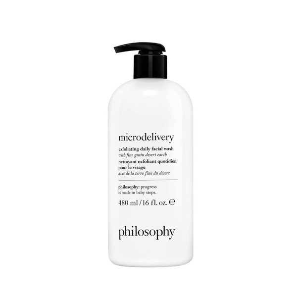 PHILOSOPHY microdelivery daily exfoliating wash 472ml, formulated with a gentle amino acid derived cleansing system and fine grain desert earth - deep cleans and scrubs away build-up and dead skin cells