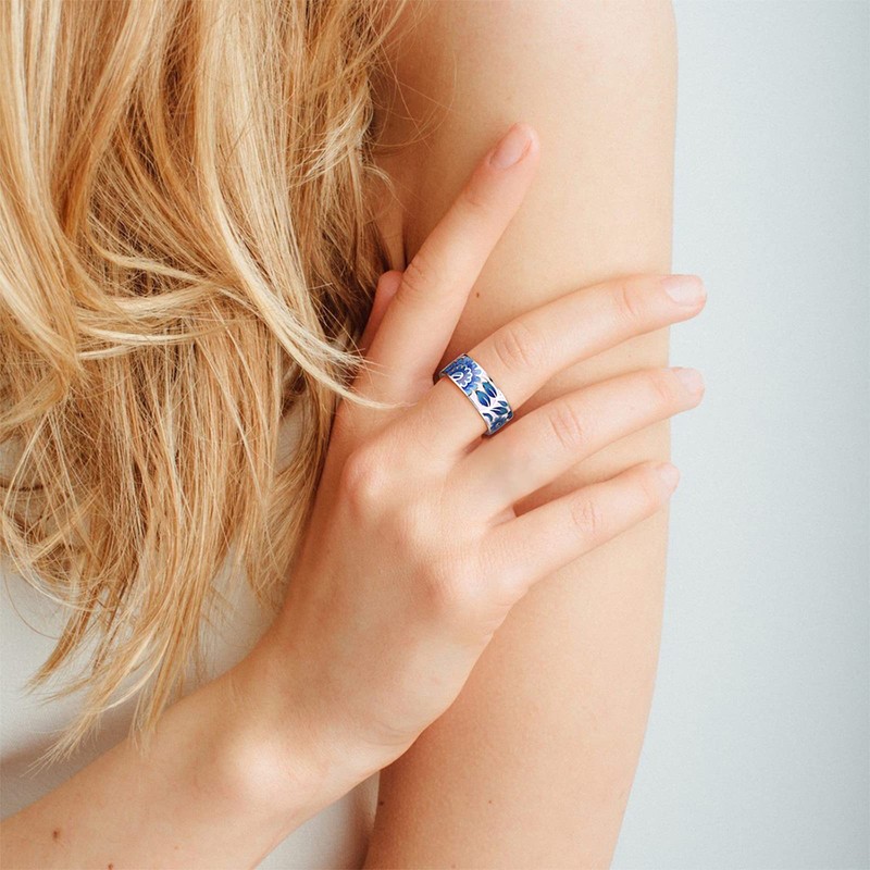 Santuzza 925 Sterling Silver Daisy Ring Blue Enamel Flower Pattern