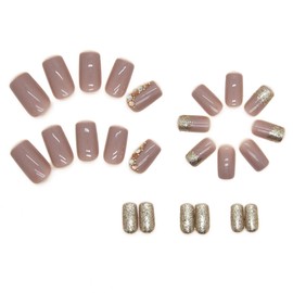 24pcs Medium Square False Nails Glitter Gold Stick on Nails Rhinestone Press on Nails Removable Glue-on Nails Full Cover Fake Nails Women Girls Nail Art Accessories