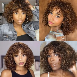 Highlight Curly Bob Wig Human Hair 4/30/27 with Bangs for Black Women Water Wave Wigs Human Hair Glueless Wear and Go Short Kinky Curly Brown Honey Blond Wig 200 Density (Highlight 4/30/27, 12")