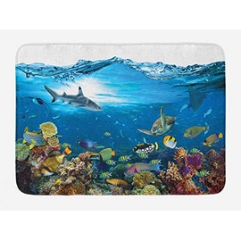 Lunarable Sea Turtle Bath Mat, Exotic Underwater Paradise with Vivid Tropic Corals Fishes and Shark Ocean Image, Plush Bathroom Decor Mat with Non Slip Backing, 29.5" X 17.5", Multicolor