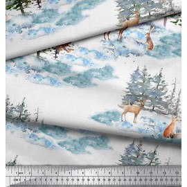 Soimoi White Velvet Fabric Animals & Pine Tree Print Fabric by The Yard 58 Inch Wide