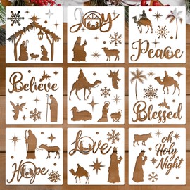 JarThenaAMCS 9Pcs Christmas Nativity Stencils 7.9 Inch Holy Night Templates Stencils Reusable Plastic Drawing Painting Template for Xmas Winter DIY Art Craft Painting on Wood