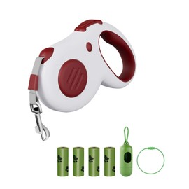 JAWADE Retractable Dog Leash, 16 ft Dog Leash for Pets up to 44 lbs, Durable ABS and Aluminum Alloy Clip, Includes 4 Rolls of Poop Bags and Bag Holder, Red and White