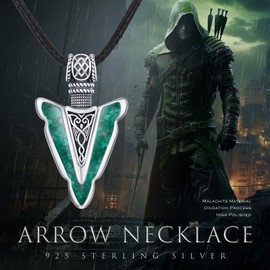 CUOKA MIRACLE 925 Sterling Silver Arrowhead Pendant Necklace, Crushed Malachite Spearpoint Necklace Crushed Malachite Spearhead Protection Amulet Pendant Rock Hip Hop Jewelry for Men Women